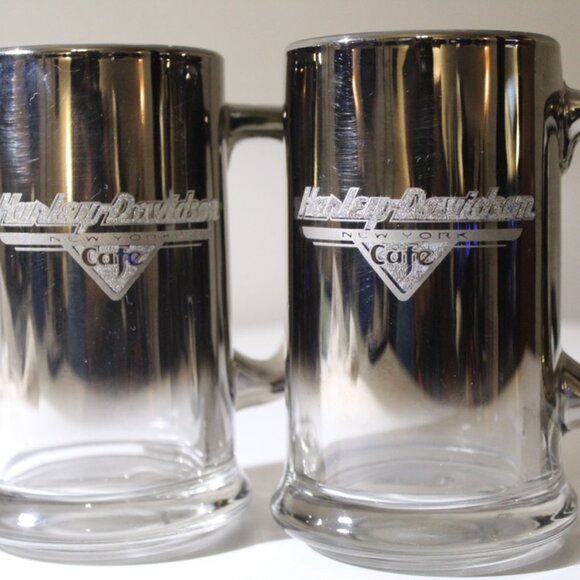 Set of Harley-Davidson Glass Mug Beer Stein New York Cafe Smoked Mirrored Silver - Picture 1 of 4